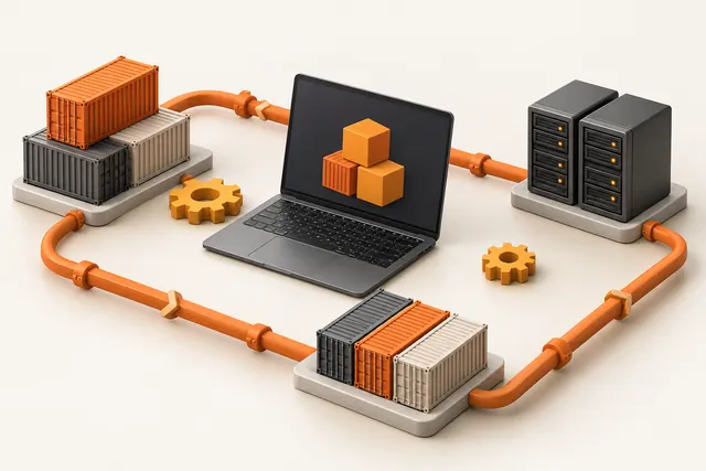 Conceptual illustration of containers, servers and an automated delivery pipeline.