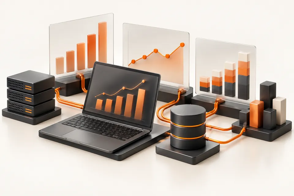 Concept illustration of data flowing from a database into business intelligence charts.