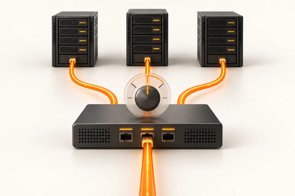 Concept illustration of a load balancer distributing traffic across three servers.