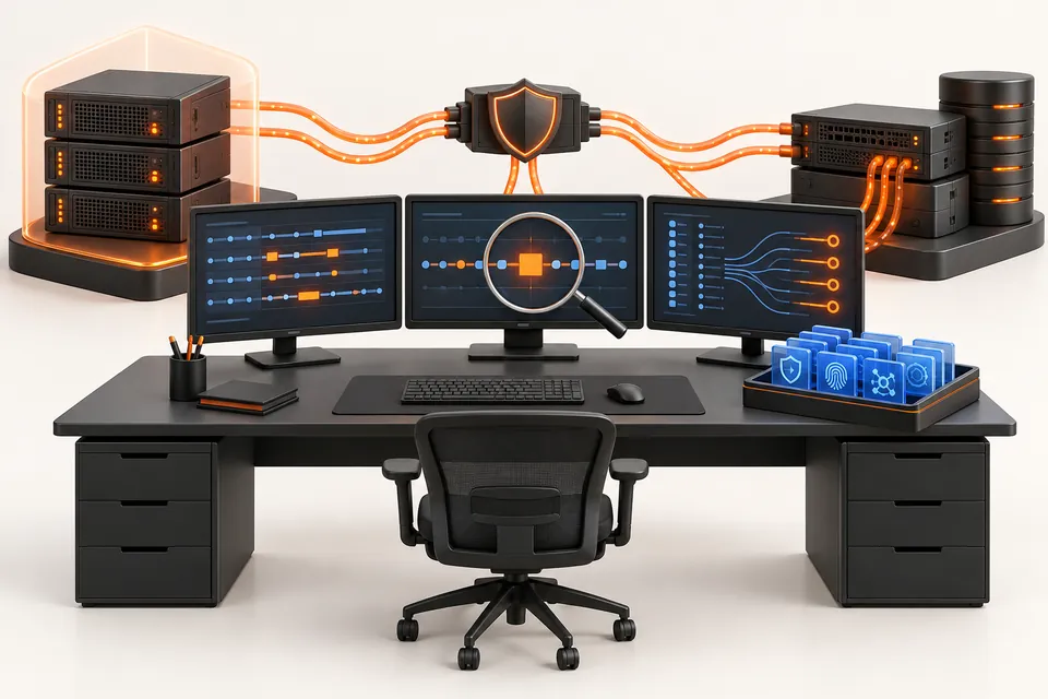 Concept illustration of a security operations desk investigating logs and event trails.