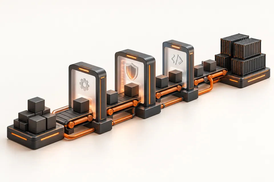 Concept illustration of security checks integrated into a software delivery pipeline.