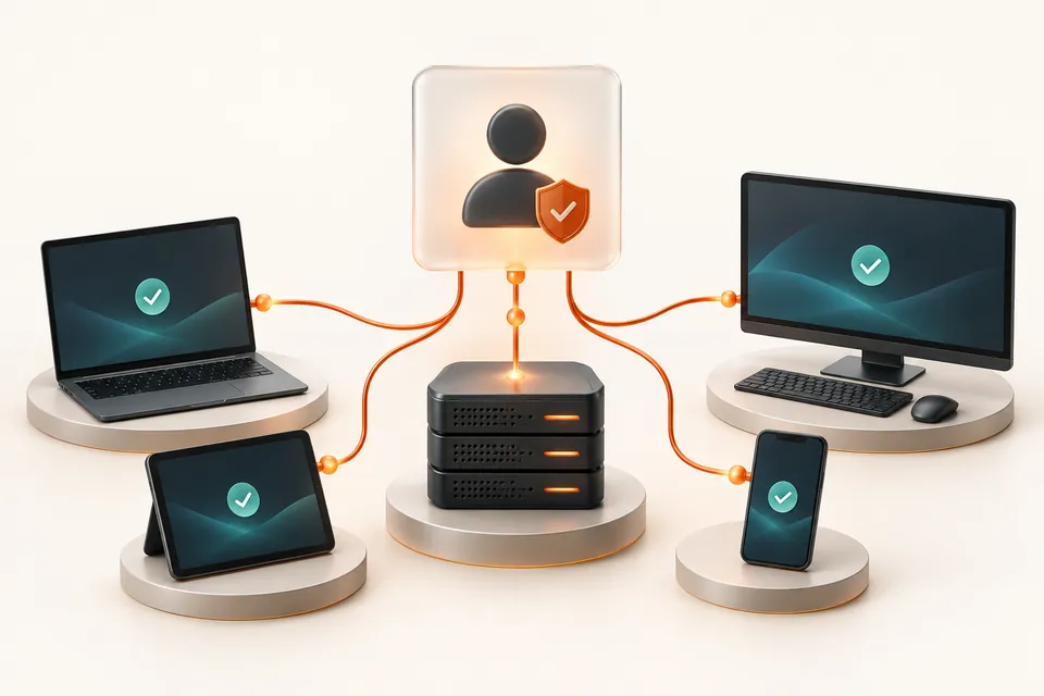 Concept illustration of laptops, phones and desktops managed through a central identity service.