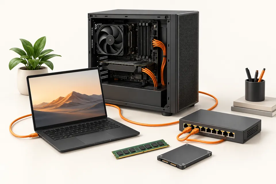 Concept illustration of computer hardware, storage and networking tools for IT foundations.