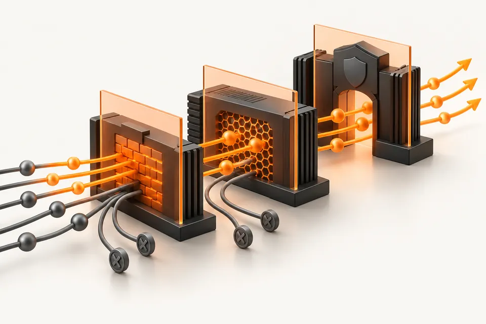 Concept illustration of layered firewall gateways inspecting and separating network traffic.