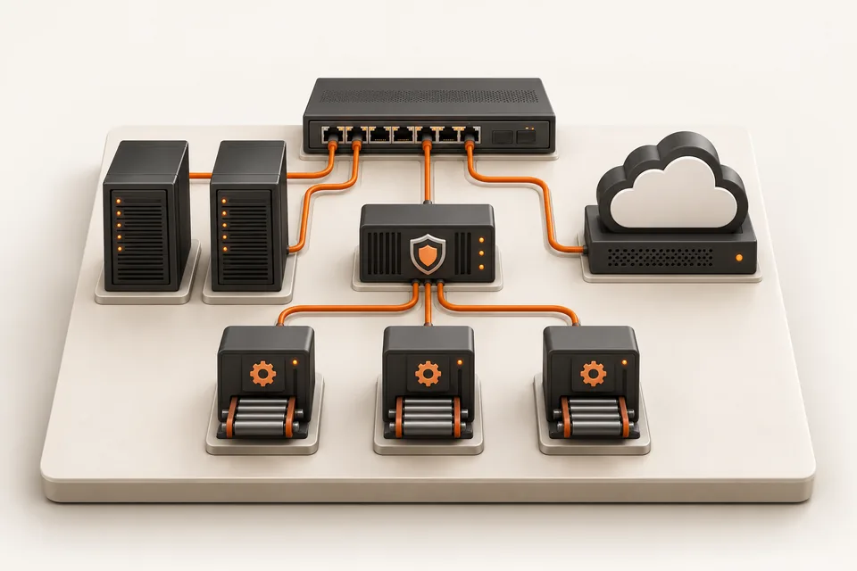 Illustration of a miniature switch, servers, cloud, security gateway and delivery modules connected in an infrastructure learning lab.