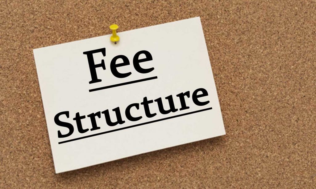 A note with the word fee structure hanging on a cork board.