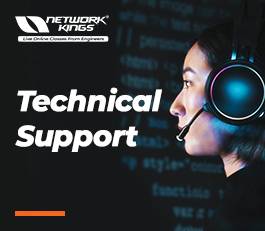 A woman wearing headphones with the words network kes technical support.