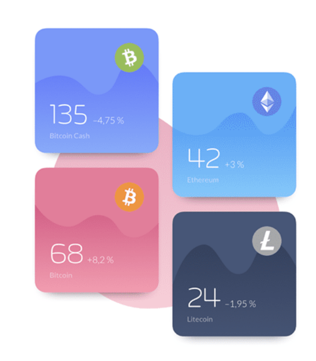 A set of bitcoin icons on a pink background.
