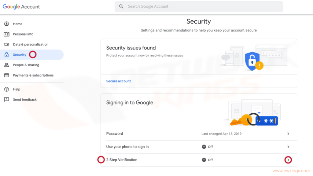 Steps to activate two-factor authentication (2FA) on Google
