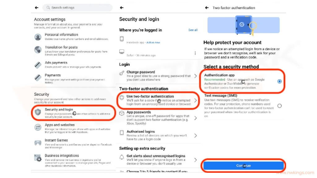 Steps to activate two-factor authentication (2FA) on facebook