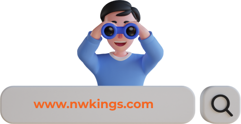 A cartoon man with binoculars looking at the website nwkings com.