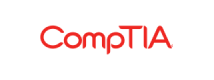 A red logo with the word comptia on it.