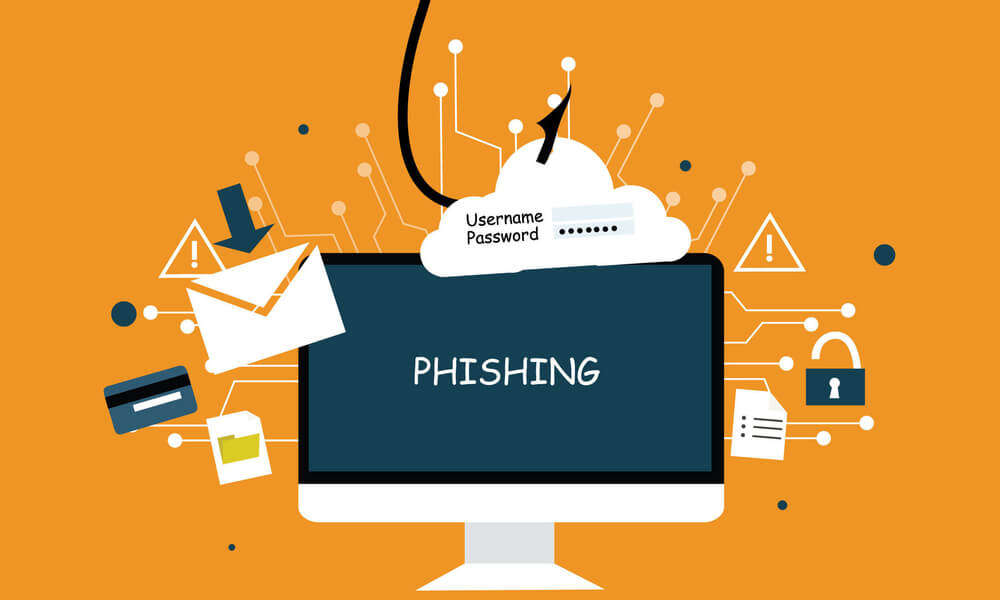 A cybercrime-themed computer screen displaying the word phishing.